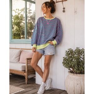 Womens Retro Striped Oversized Sweatshirt Pink Green Neon Yellow M